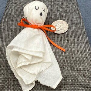 Halloween Ghost Pin Brooch Handmade White Handkerchief Orange Ribbon Cute Spooky